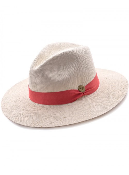 Sombrero Panamá Fino Blanco Cinta Salmón